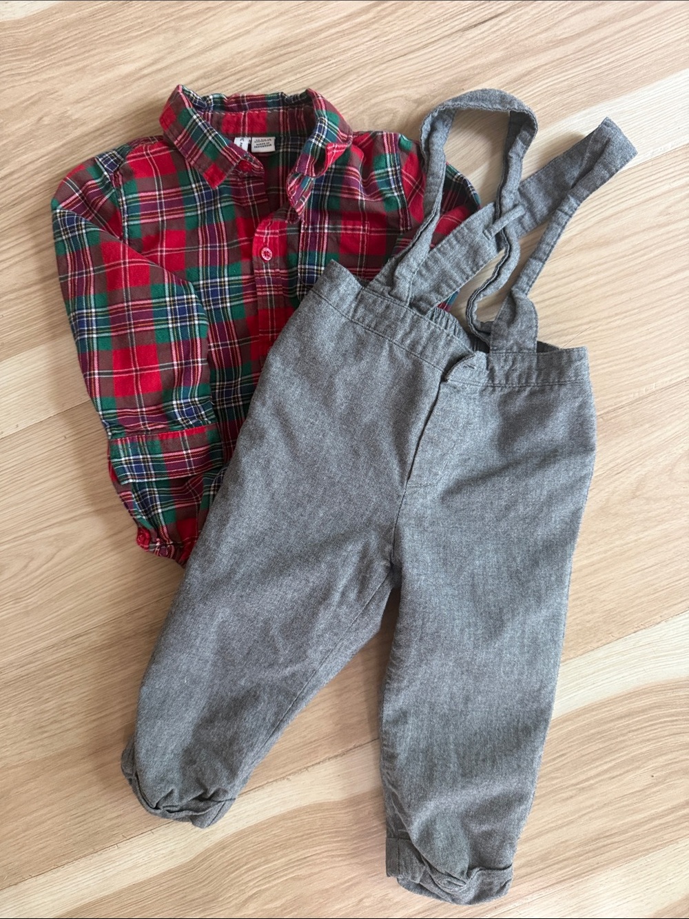 Janie and Jack Gray Suspender Overalls and plaid onesie